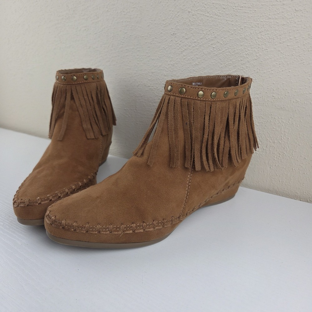 Arizona Tarlo Moccasin Style Faux Suede Fringe Ankle Boot Bootie Brown Womens 7M